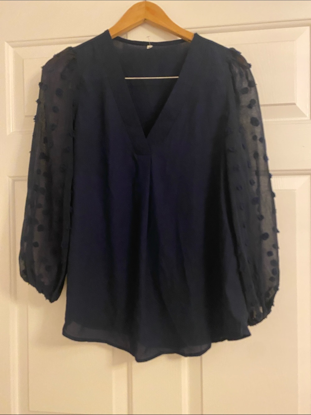 Navy V-Neck Sheer Sleeve Blouse